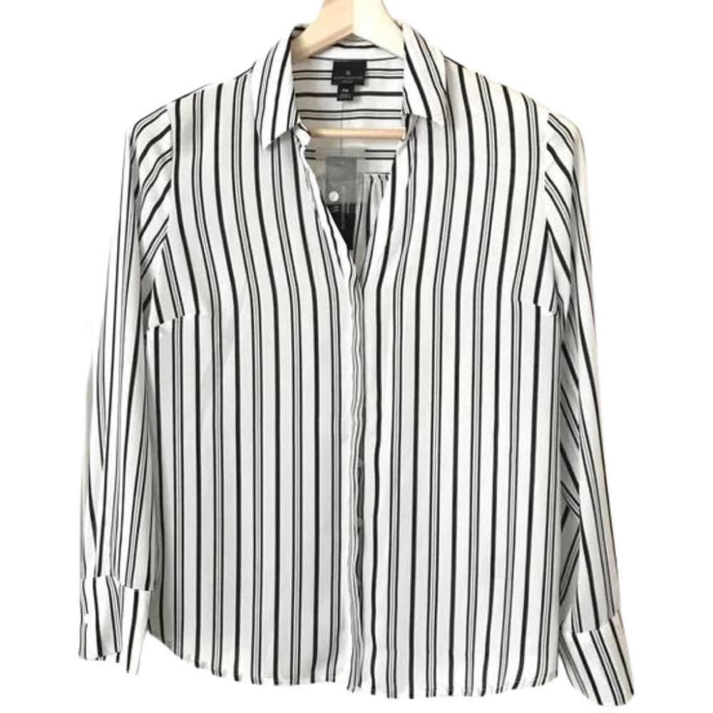 Worthington Black and White Striped Long Sleeve Button Up Blouse NWT